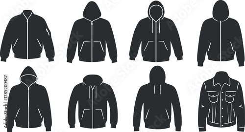 Collection of minimalist black and white vector illustrations of various hoodies and jackets for apparel design and branding projects