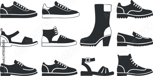 Stylish collection of minimalist vector footwear illustrations featuring various shoe types including sneakers, sandals, and boots for fashion design projects