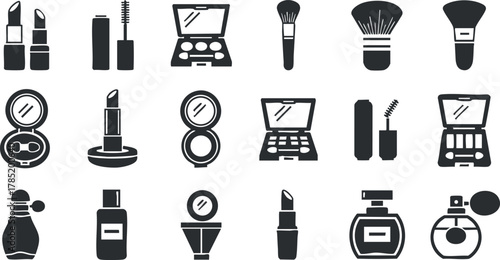 Stylish silhouette vector icon set featuring various makeup and beauty products for cosmetic branding and design projects