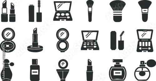 Obraz Stylish silhouette vector icon set featuring various makeup and beauty products for cosmetic branding and design projects
