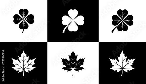 Six squares with contrasting black/white backgrounds display shamrock/maple leaf silhouettes