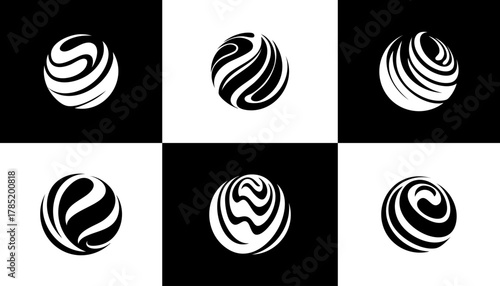 A 2x3 grid showcases spherical designs with abstract, flowing elements, alternating black/white backgrounds