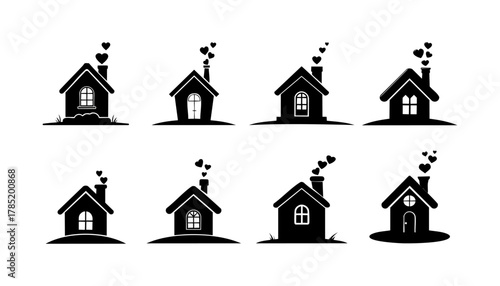 Eight black silhouette houses with hearts as smoke, varying in window/door styles