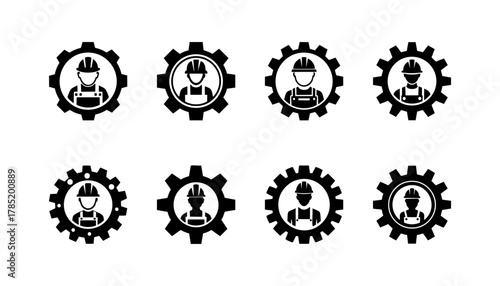 Eight industrial worker icons, each set within a gear shape, black on a white background