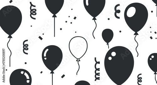 Playful black and white vector illustration featuring a collection of balloons and festive elements for party designs