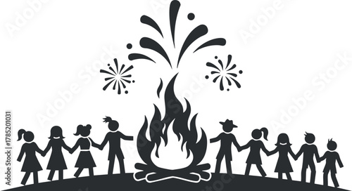 Silhouette vector illustration of people holding hands around a campfire with fireworks, ideal for celebration and outdoor themed designs