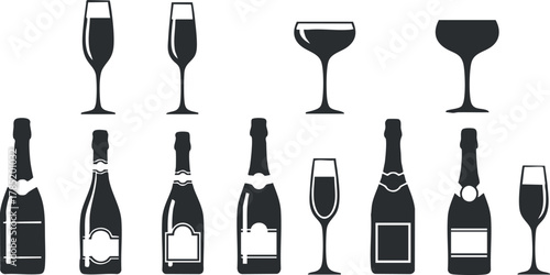 Stylized vector icon set featuring various champagne bottles and glasses for celebration and event design