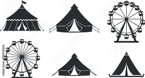 Set of black and white vector icons featuring circus tents and a ferris wheel, perfect for carnival theme design and illustrations