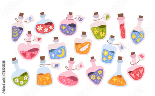 Colorful set of magic elixir and mystical potion bottles filled with shimmering, glowing liquids
