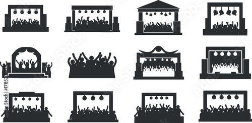 Vector icon set of concert stages with crowds in minimalist black and white design, ideal for event promotion and branding.