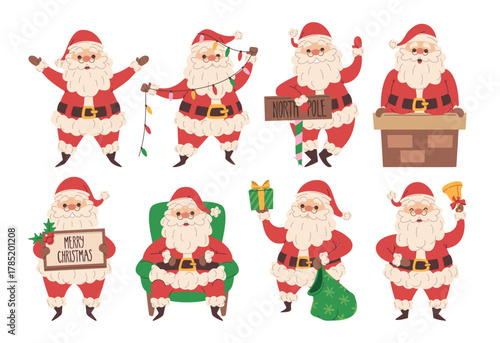 Christmas Santa Claus hand drawn winter holidays character different poses and festive activities