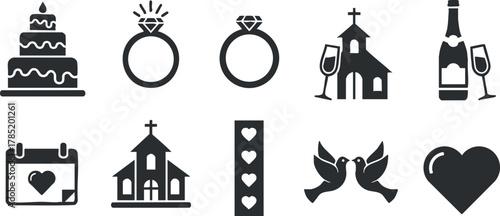 Set of wedding-themed vector icons featuring cake, rings, church, champagne, and love symbols for event design and celebrations
