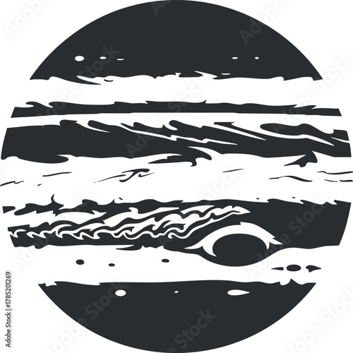 Stylized black and white vector illustration of Jupiter, featuring its iconic bands and the Great Red Spot for space-themed projects