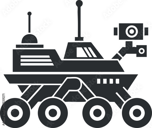 Stylized black and white vector illustration of a futuristic rover vehicle designed for space exploration and research purposes