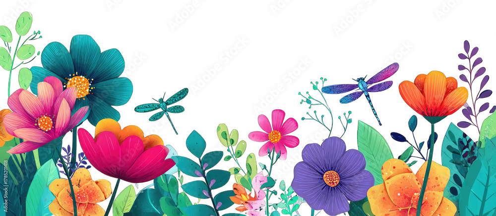 Fototapeta premium Vibrant floral arrangement with colorful flowers, leaves, and dragonflies
