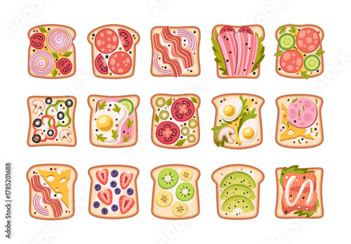 Breakfast toasts, opened sandwiches healthy eating set with diverse array of fresh ingredients
