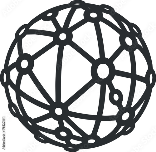 Outline vector illustration of a global network sphere with interconnected nodes, ideal for technology and communication themes
