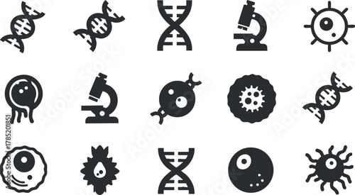 Set of black and white vector icons showcasing biology and genetics concepts including DNA, microscopes, and cells for scientific applications
