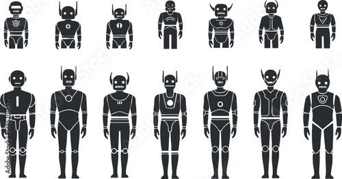 Collection of minimalist black and white vector illustrations of various robot characters for design and technology projects
