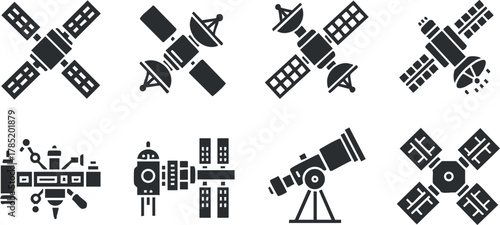 Set of modern black and white vector icons depicting satellites and telescopes for space exploration and technology design