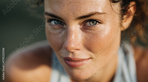 Woman with a blue eye and a tan face