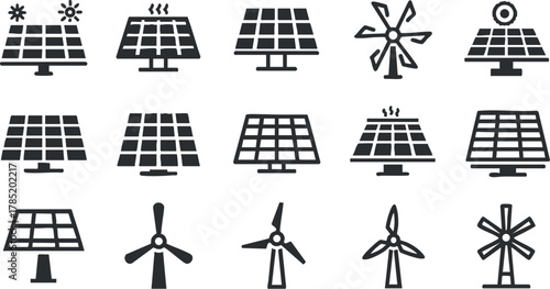 Set of modern black and white vector icons representing solar panels and wind turbines for renewable energy concepts