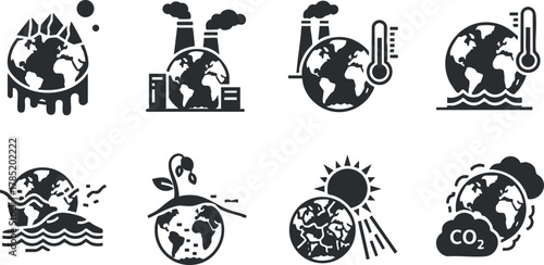 Set of minimalist vector icons representing environmental themes, including climate change, pollution, and sustainability concepts.