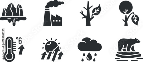 Flat design vector icon set depicting climate change themes, including pollution, temperature, wildlife, and natural elements for environmental awareness projects