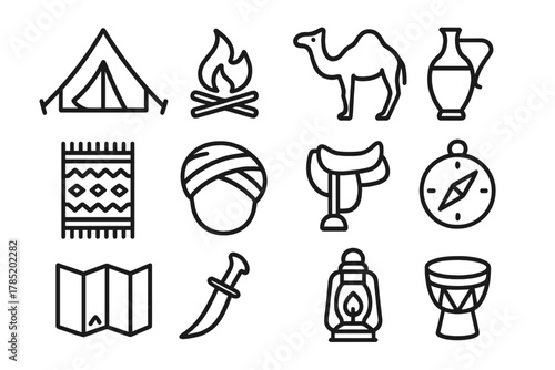 Nomad Life Icons. Nomad life. Line outline icon set of nomad life: tent, campfire, camel, water jug, rug,