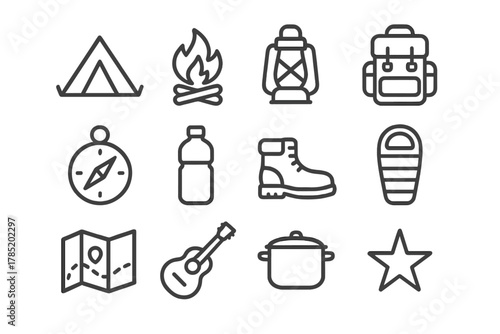 Desert Camping Icons. Desert camping. Line outline icon set of desert camping: tent, campfire, lantern,