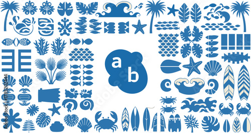 Tropical ocean icon set, sea life and beach elements, palm trees, shells, fish, flat blue silhouette vector illustration