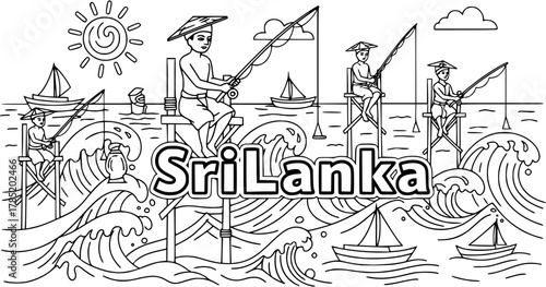Sri Lankan Stilt Fishing. Doodle sri lankan stilt fishermen with waves, suns, and boats, center word “SriLanka” in black and white
