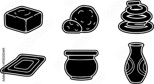 Clay Forms Icons. Flat vector icons of clay forms: raw clay block, wedged clay ball, coil of clay, slab of clay, pinch pot, clay
