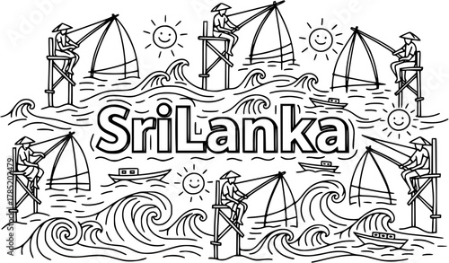 Sri Lankan Stilt Fishing. Doodle sri lankan stilt fishermen with waves, suns, and boats, center word “SriLanka” in black and white

