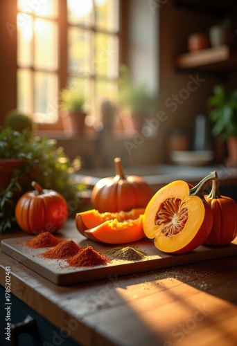 Cozy Autumn Pumpkin Recipe Preparation In Warm Kitchen Highlighting Ingredients Natural Textures And Rustic Setting