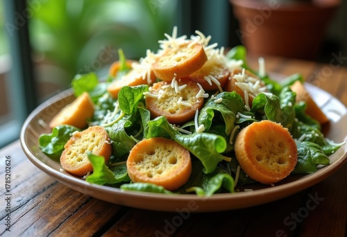 Crunchy Crouton Topped Caesar Salad Vibrant Leafy Greens Freshly Made Dressing