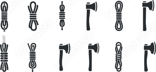 Minimalist black and white vector illustration set featuring axes and ropes for outdoor and camping design projects