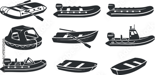 Collection of black and white vector illustrations featuring various types of boats and watercraft for marine and outdoor projects