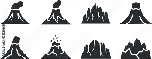 Set of minimalist black and white vector illustrations of various volcanoes and mountain landscapes for design projects