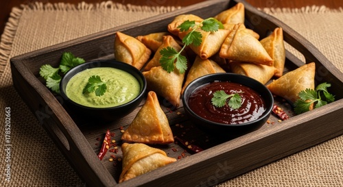 Golden Brown Samosas With Green Chutney And Red Sauce On A Wooden Tray