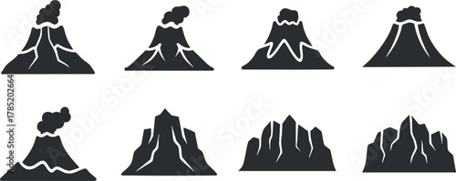 Silhouette vector icon set featuring various volcanoes with smoke and lava for environmental and geological design projects