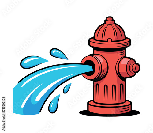 A red fire hydrant is spraying a large amount of blue water.