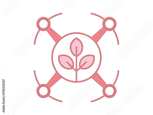 A stylized drone icon with a plant emblem in the center symbolizes agricultural technology.