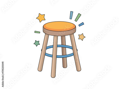 A round orange stool is depicted with sparkling stars and lines around it.