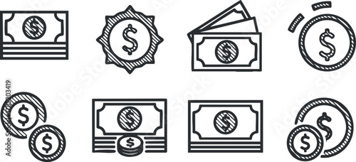 Hand-drawn vector icon set featuring money, coins, banknotes, and financial symbols for economic and budget concepts