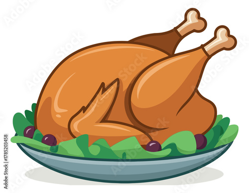 A roasted turkey sits on a platter surrounded by lettuce and grapes.