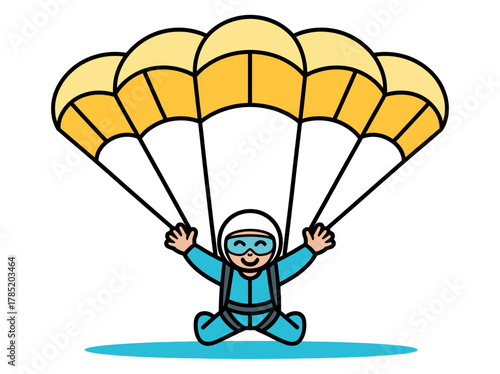 A person in a jumpsuit and helmet smiles while holding a parachute above.