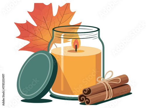 A lit autumn candle with cinnamon sticks and a maple leaf sits on a surface.