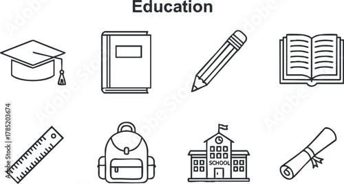Set of outline vector icons representing education theme including graduation cap, books, pencil, and school elements