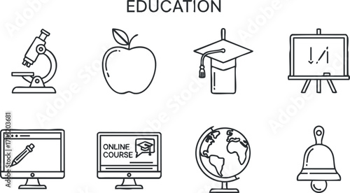 Outline vector icon set representing education concepts, including science, online courses, and classroom tools for various design applications